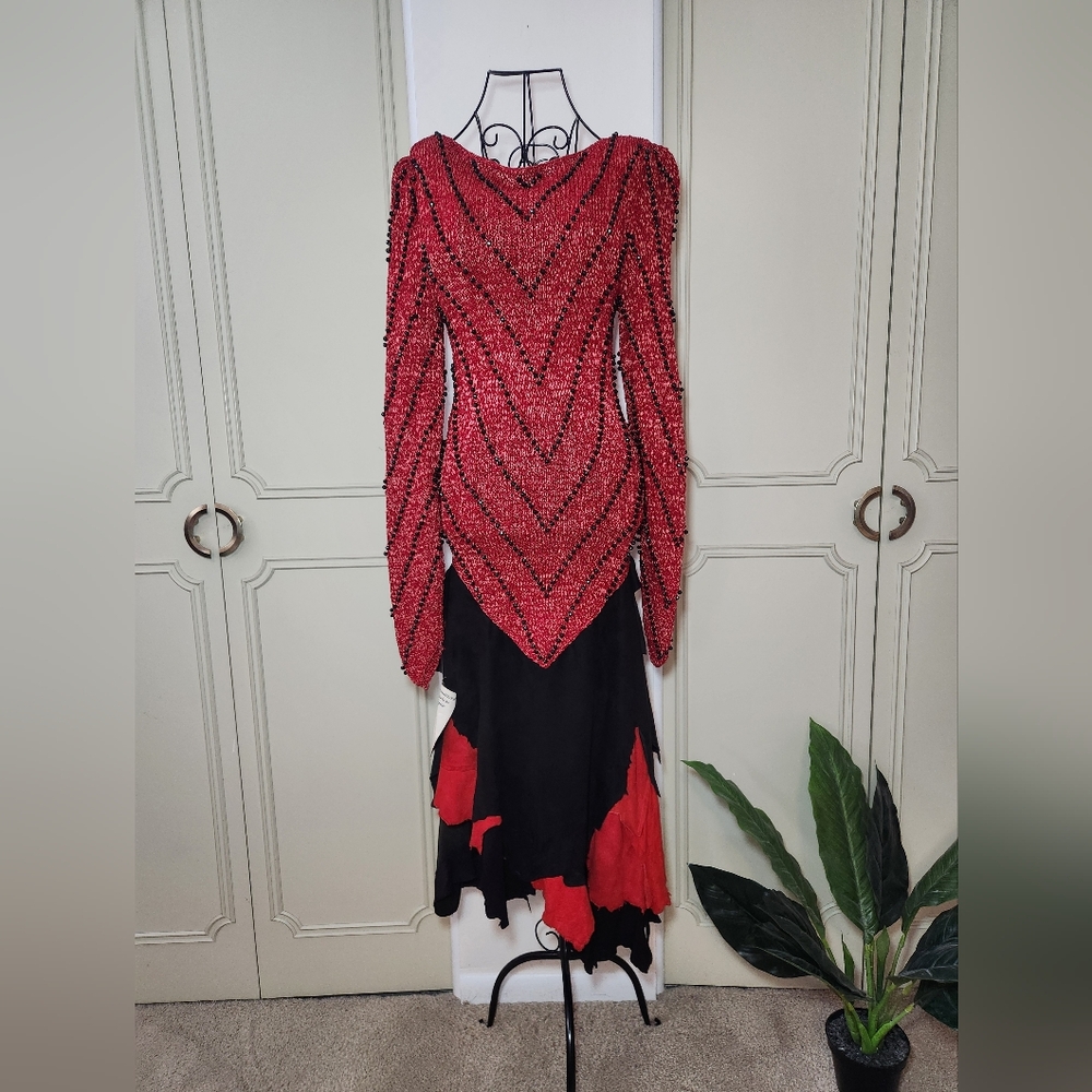 **Rare** Vintage BECCA Asymmetrical Red and Black Gala Dress